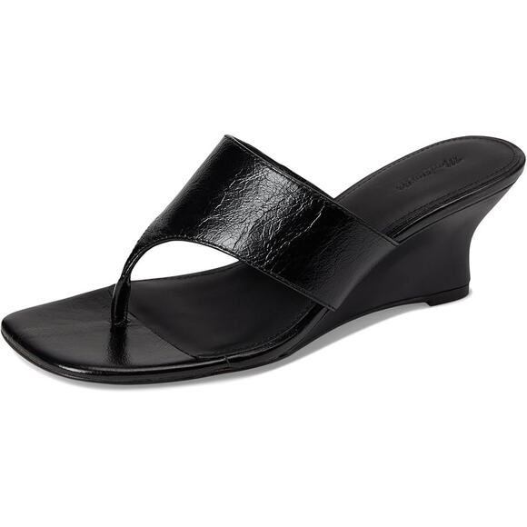 Madewell Womens Reese Thong Wedge Sandals US 6.5 M Black Leather NIB - Picture 1 of 12